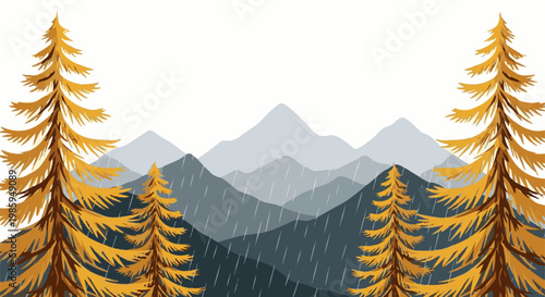 Autumnal rain falls on layered mountain peaks framed by evergreen trees