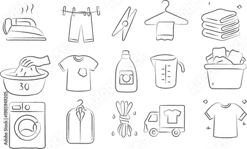 Black and white minimalist line art illustration of laundry and clothing care icons