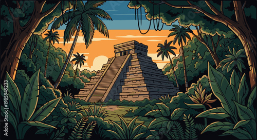 Ancient stone pyramid structure nestled within a lush, vibrant jungle at sunset