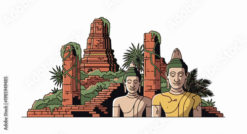 Ancient stone ruins overgrown with green plants, featuring two serene statues