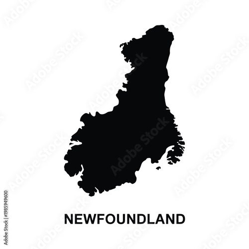 A stark black silhouette of the island of Newfoundland is displayed against a plain white background