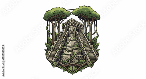 Ancient stone pyramid structure in a lush, overgrown jungle setting