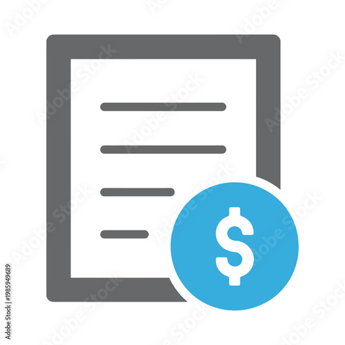 A flat design illustration depicts a document with lines and a dollar sign symbol