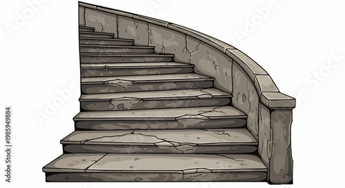 Ancient stone staircase with cracked steps curving upwards