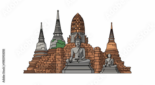 Ancient stone statues and stupas in a religious complex