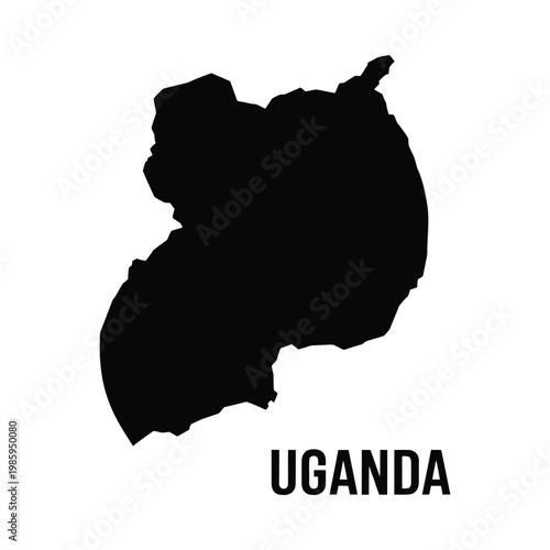 A stark black silhouette of uganda with the country s name prominently displayed below