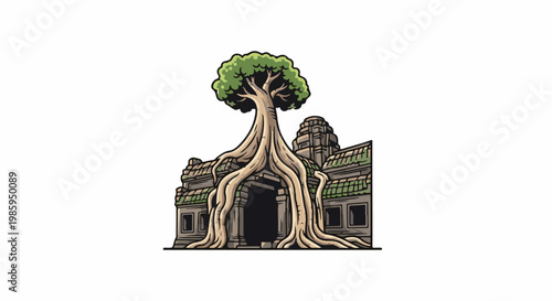 Ancient stone structure engulfed by a large tree with thick roots