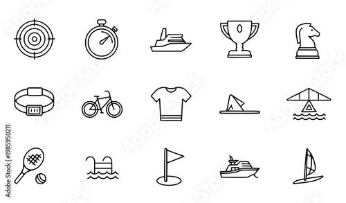 Minimal thin line sports and lifestyle icons set with fitness trophy tennis and outdoor activities vector