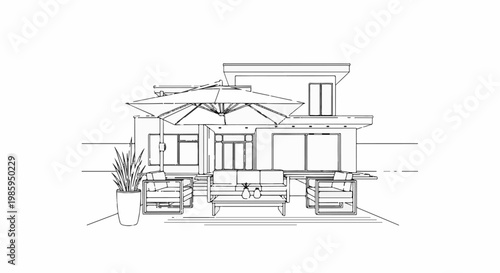 Architectural sketch of a modern home's outdoor patio with furniture and umbrella