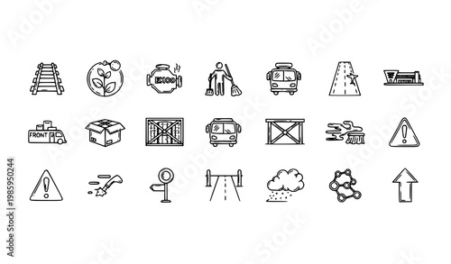 Hand drawn thin line transport icons set with environment logistics and infrastructure elements vector collection