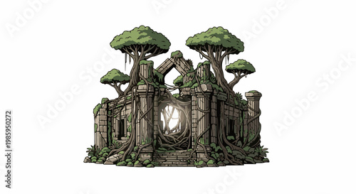 Ancient stone structure overgrown with lush trees and vines, showing decay