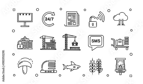 Modern outline communication icon set in circular layout with retail infrastructure and nature elements vector