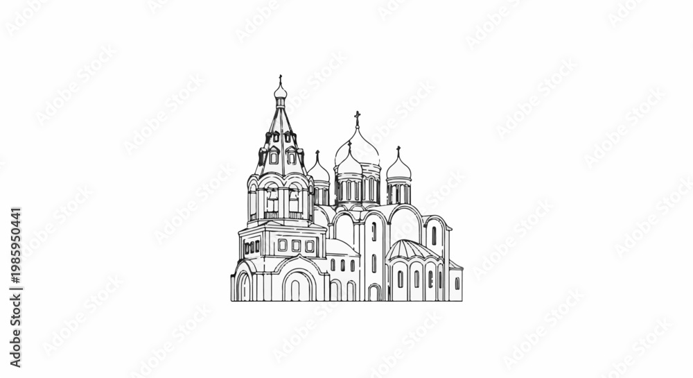 Obraz premium Architectural sketch of a multi-domed church with intricate detailing