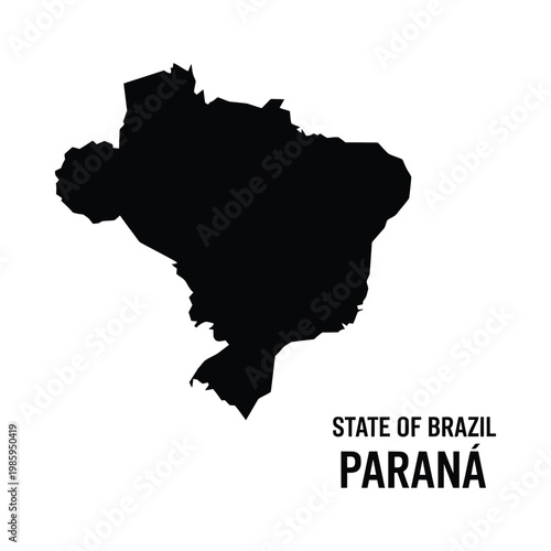 A stark black silhouette of the paran state in brazil accompanied by text identification