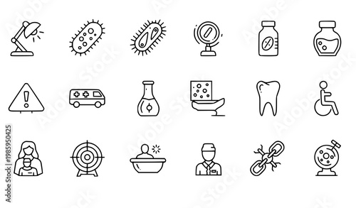 Minimal thin line medicine and healthcare icons set with biotechnology and medical science elements vector