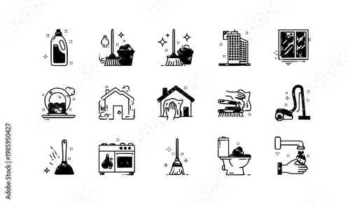 Hand drawn thin line cleaning icons set with housekeeping hygiene and maintenance elements vector collection