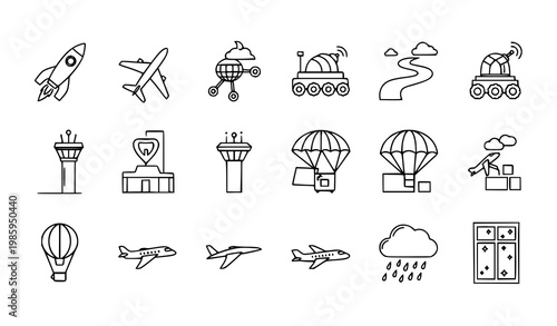 Hand drawn thin line travel icons set with aviation weather and logistics elements vector collection