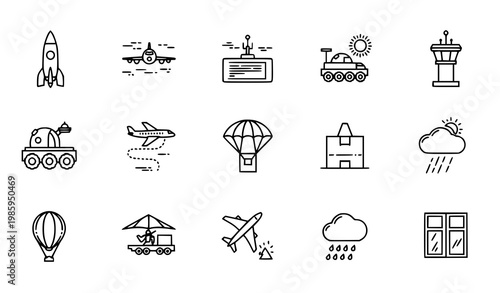 Modern outline aviation icon set in circular layout with travel weather and logistics elements vector