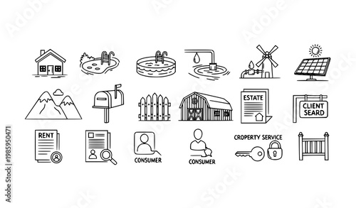 Hand drawn thin line real estate icons set with housing eco energy and rental elements vector collection