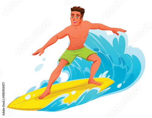 Athletic surfer enjoying summer ride on big blue water wave. Vector cartoon illustration