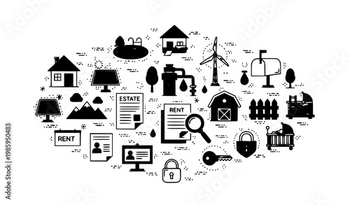 Modern outline real estate icon set in circular layout with housing eco energy and rental elements vector