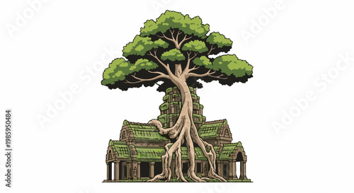 Ancient stone temple entwined by a massive tree and roots