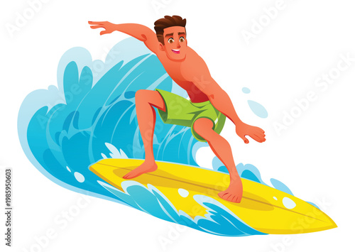 Young man surfing on top of large turquoise curling wave. Vector cartoon illustration