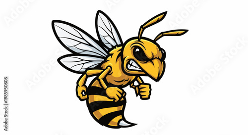 Aggressive cartoon wasp illustration with black stripes, wings, and antennae
