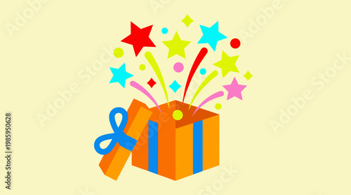 A colorful gift box explodes with festive stars and ribbons outdoors