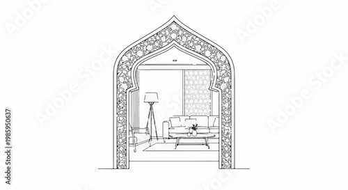 Archway reveals a lounge with sofa, coffee table, and lamp