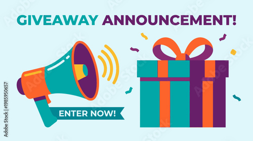 Vibrant announcement illustration of a megaphone and gift box with confetti