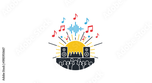 Music festival event illustration featuring speakers sound waves and audience