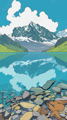 Mountain Lake Reflection with Rocky Shores Illustration