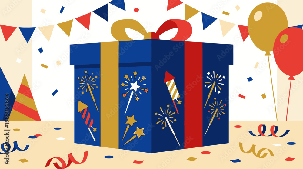 Fototapeta premium A festive celebration scene with a gift box surrounded by party decorations and fireworks.