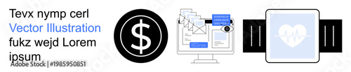 Digital finance, email marketing, health technology, smart devices, wearable tech, online data management. Icons showing a dollar symbol, email system on screen and smartwatch. Digital finance