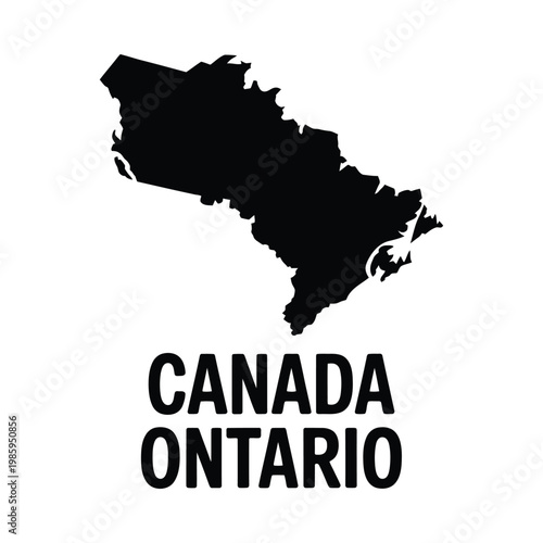 A stark black silhouette of ontario canada paired with bold text identifying the province and country