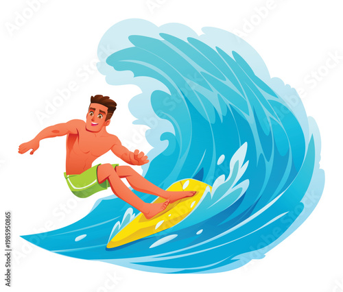 Man riding surfboard inside a huge blue ocean barrel wave. Vector cartoon illustration
