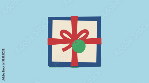 A gift box with a red ribbon and green bow on a blue background