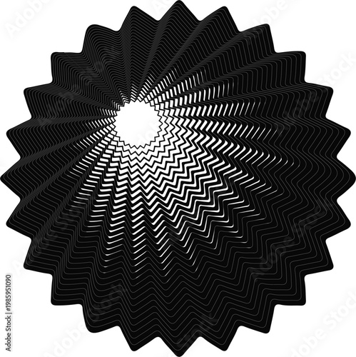 Modern Hypnotic Spiral Star Graphic Element. Minimalist monochrome Op Art Sunburst Backdrop