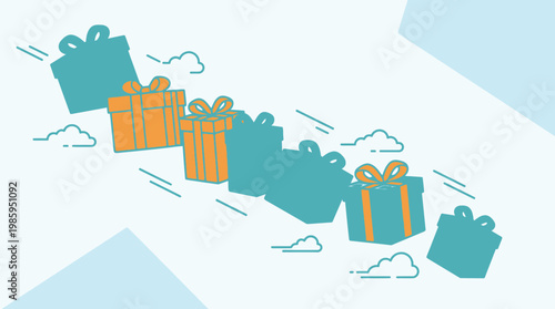 Gifts are flying through the air with ribbons and bows in a festive scene