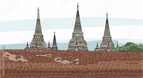 Ancient brick wall in front of several tiered pagodas under a light blue sky