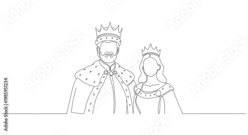 Minimalist continuous line drawing of king and queen with crowns and royal cloaks.