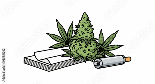 Artistic depiction of cannabis buds, leaves, rolling papers, and a pen