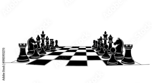 Chessboard with black pieces set up for a game, strategic battle concept