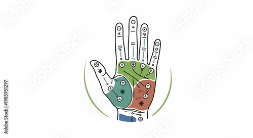 Artistic diagram of a palm with colored zones and symbolic markings