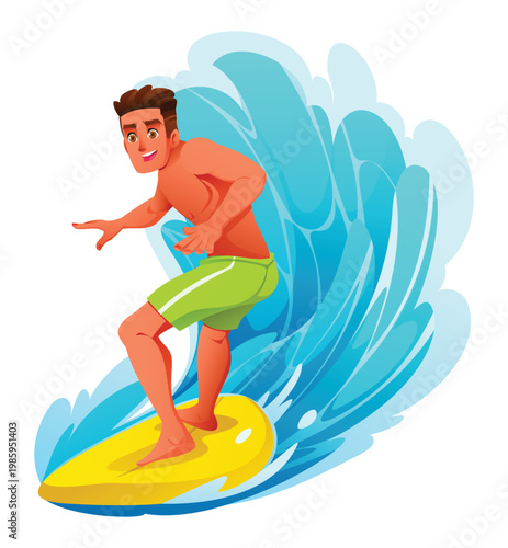 Man surfer balancing on board in front of splashing wave. Vector cartoon illustration