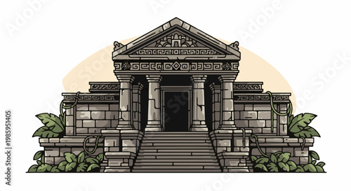 Ancient stone temple with grand steps, overgrown with vines and plants