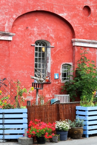 Facade of a building in the freetown of Christiania in Copenhagen, Denmark