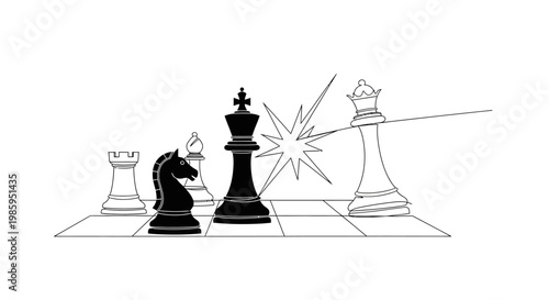 Chess Game Strategy: Black Knight Attacks White Queen with King and Rook in Background