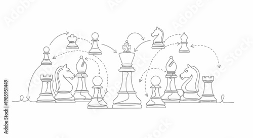 Chess Strategy Concept: King's Movement and Piece Formation in Linear Art